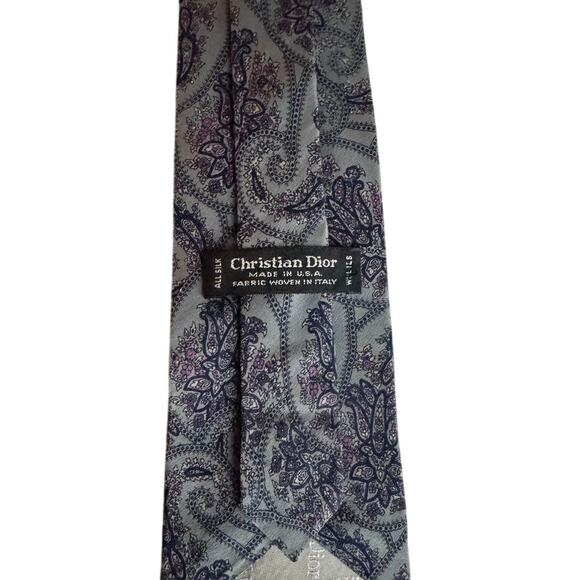 Vintage Christian Dior Silk Tie Gray Navy Purple Paisley Made in USA Italy - Picture 2 of 15